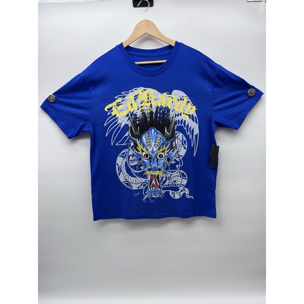 Ed Hardy Mens Dragon Rhinestone Graphic Tee Blue Medium EHM1101-30RS NWT
